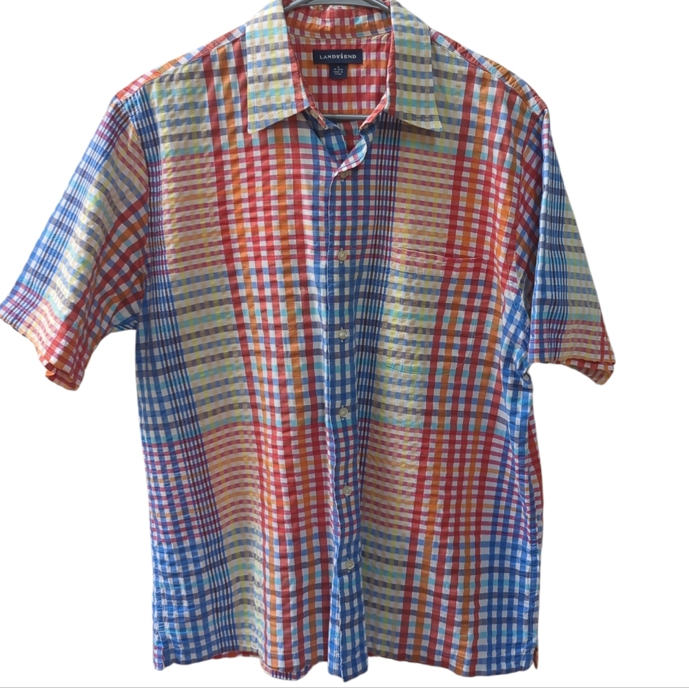 Lands End, Short Sleeve Multicolor Checked Seersucker Shirt. Medium